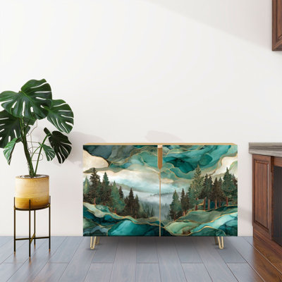 Buffet Buffet avec rangement Misty Evergreen Forest avec 2 portes pour le salon et la cuisine