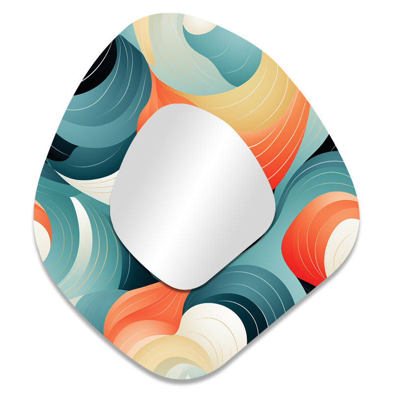 Motif ondulé géométrique orange et vert - décor de miroir mural de forme irrégulière côtière, grand miroir asymétrique orange, impression d'art en métal