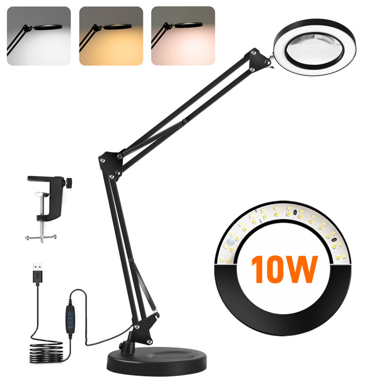 Desk Lamp with Round Stand & Clamp, Magnifier LED Lamp, Adjustable Height Table Light