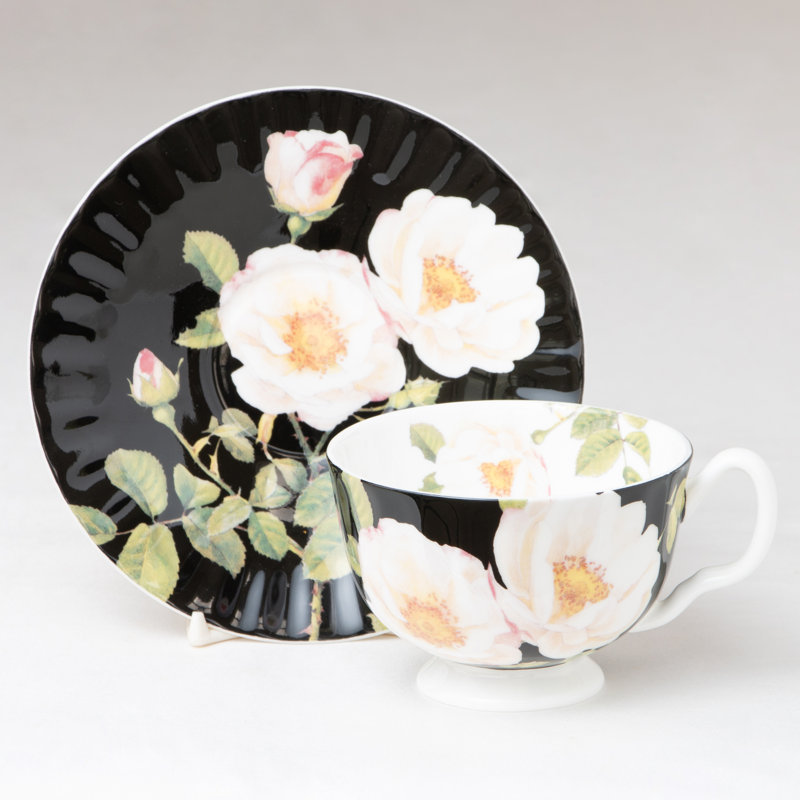 Service à thé en porcelaine fine Midnight Blush Rose, ensemble de 4 tasses et soucoupes