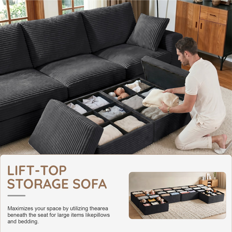 142"W U-Shaped Cloud Modular Sectional Sofa, Minimalist Corduroy Corner Sectional Couch, Extra Deep Seat with 2 Ottomans and Hidden Storage, Easy Mini Assembly, Ideal for Living Room