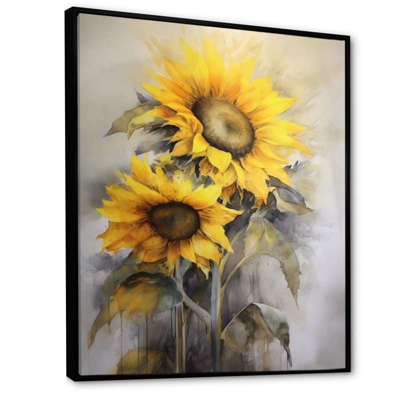 Jaune, jaune, doré, art floral sur toile, 32" H x 16" W, Cadre flottant noir