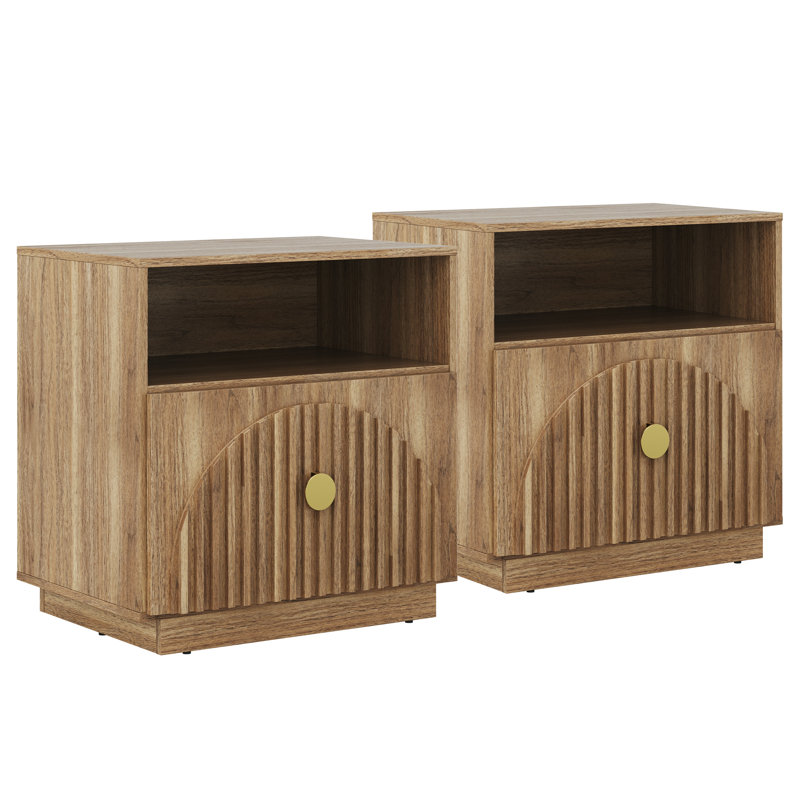 Set of 2 Wood Nightstand Bedside Table, Modern End Table with Drawer and Open Shelf, Caramel Brown