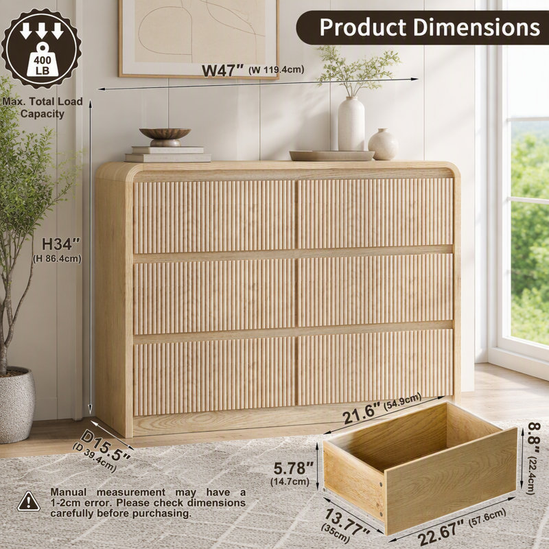 Commode 6 tiroirs pour chambre à coucher, commode en bois naturel avec rangement large et polyvalent, Beige+Natural