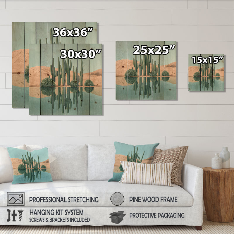 Cactus And The Desert Oasis II - Floral Cactus Wood Wall Decor - On Natural Pine Wood, 15" H x 15" W x 0.78" D