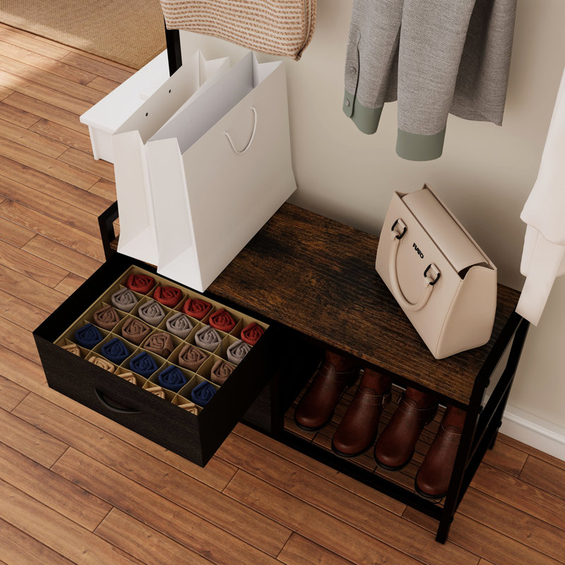 Hall Tree With 2 Movable Drawers, Shoe Storage, Shelves And Garment Racks, 5-In-1 Entryway Bench With 23 Hooks (Fixed And Movable)