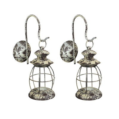 Distressed white metal set of 2 wall-mounted railroad lantern candle sconces for tea lights, votives or button pillars — 16.25 x 9.5 x 5 in.