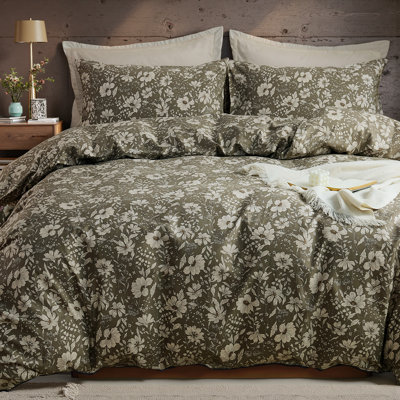 100% Cotton Duvet Cover Set Queen – Dark Green Classic Botanical Print Bedding Set 3 Pieces, Breathable Soft Comforter Cover with Zipper Closure, Retro Garden Floral Bed Set