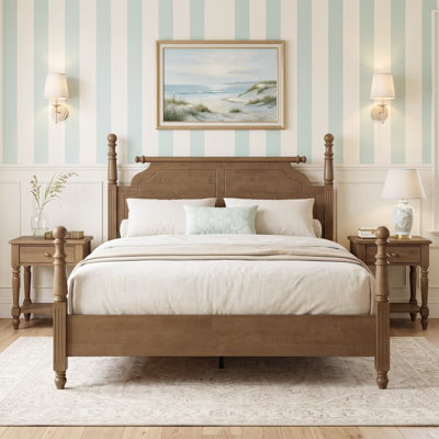 Majestic Queen Size Cannonball Solid Wood Poster Bed with Turned Legs & Panel Headboard, Chestnut Brown Finish