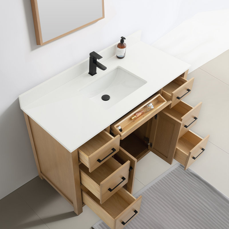 49 po X P 22 po P 33,75 po Meuble-lavabo autoportant simple H en chêne blanc avec comptoir en quartz