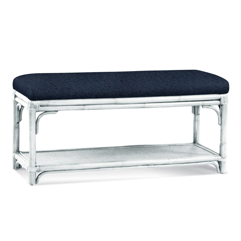 Summer Retreat Wicker Shelf Storage Bench, Frost White, Green and Blue Stripe; 0252-54