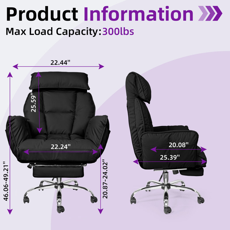 Wide Seat Leather Executive Chair,Flip Armrests for Pets & Cross Legged Sitting, Executive Ergonomic Computer Chair with Foot Rest