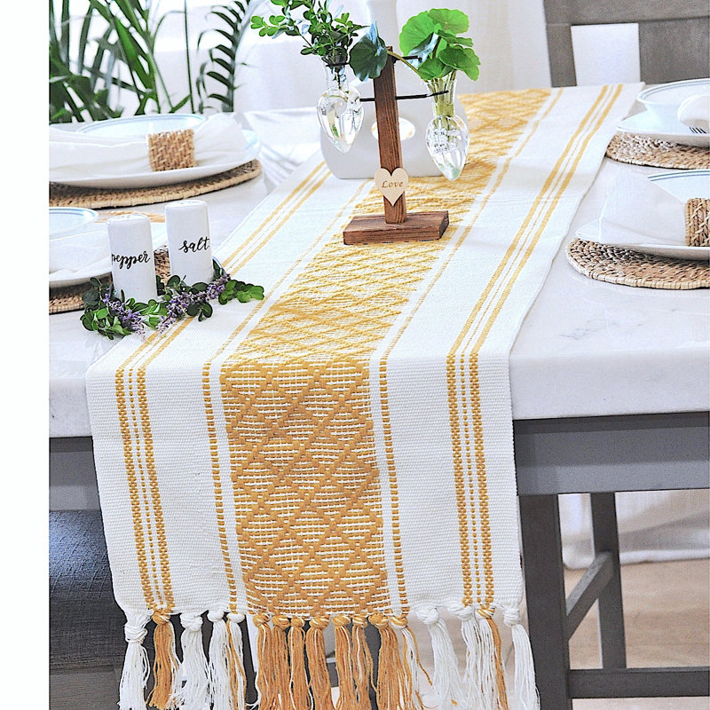 Mustard Yellow and Cream Cotton Boho Table Runner with Tassels