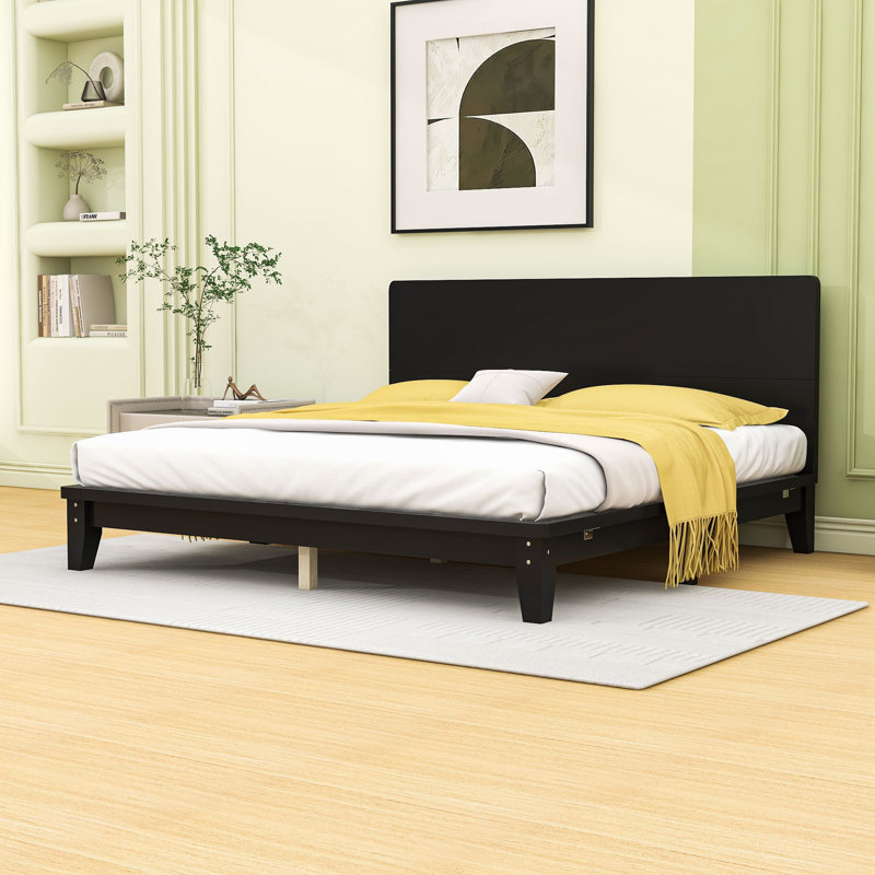 Base de lit plateforme en bois avec tête de lit, Noir, Lit double