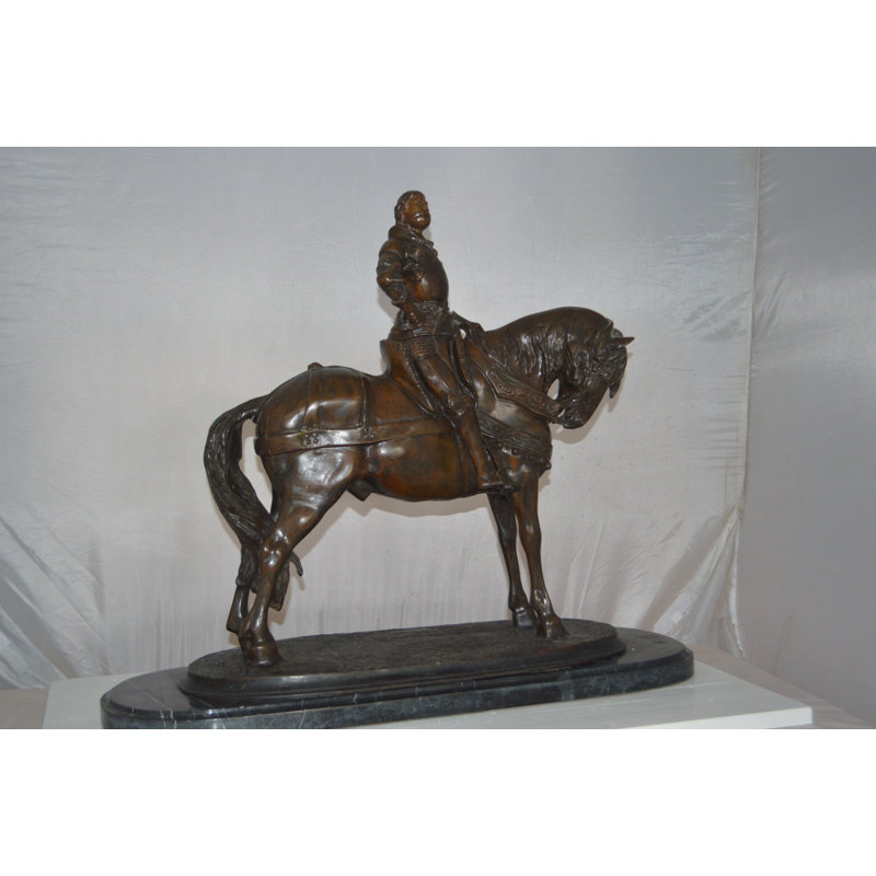 Bronze Man on Horse Statue with Marble Base