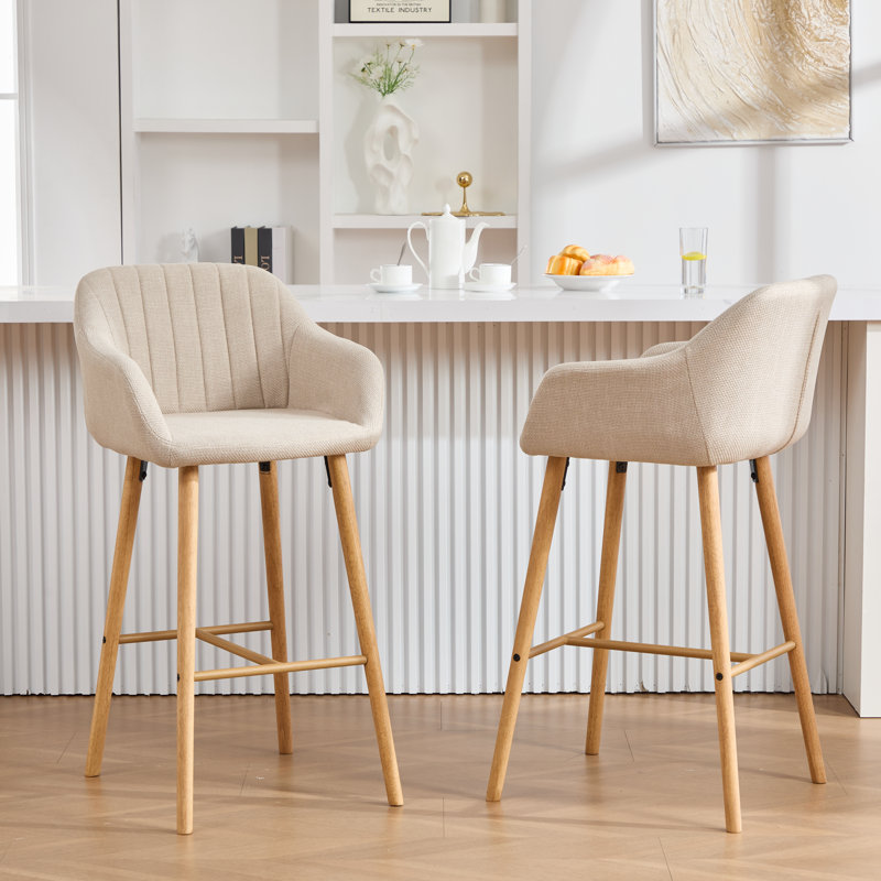 Tabouret de bar 29,5 po en lin avec pieds en bois, Beige