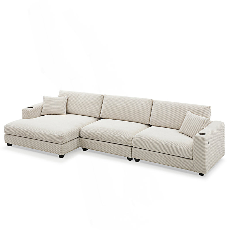 Ahrent Oversized Corduroy Sectional Sofa with Cup Holder, L Shaped Cloud Couch with USB Charging Port, Deep Seat Sofa Bed with Chaise