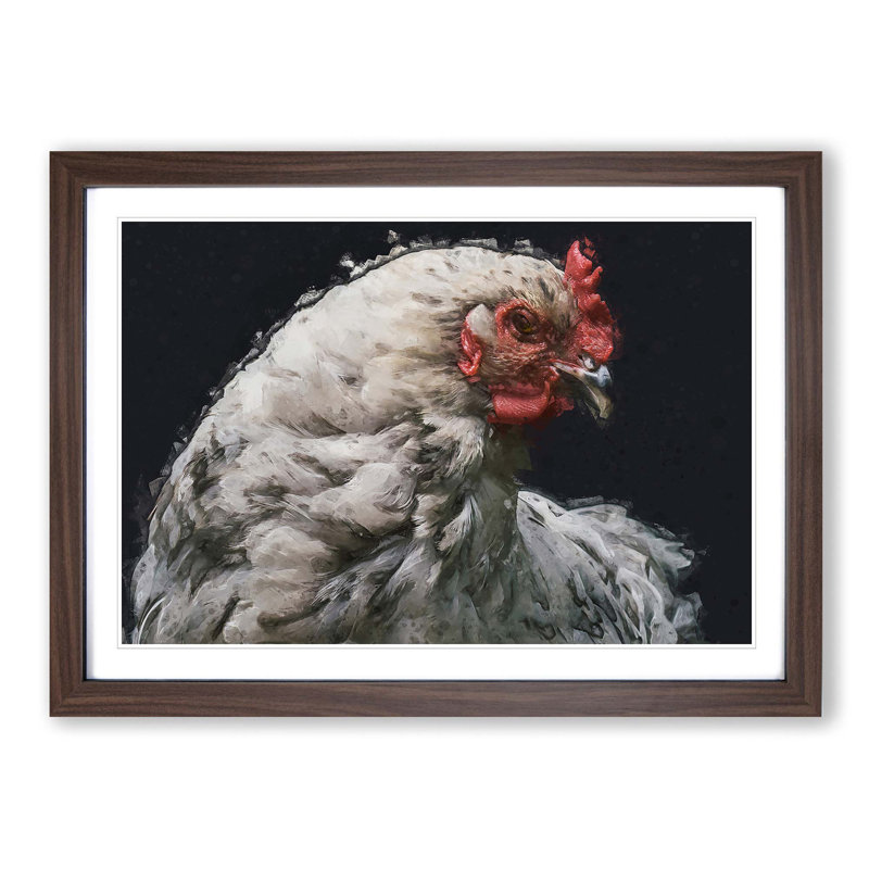 White Hen in Abstract - Picture Frame Graphic Art Print, 40cm H x 60cm W x 2cm D, Walnut