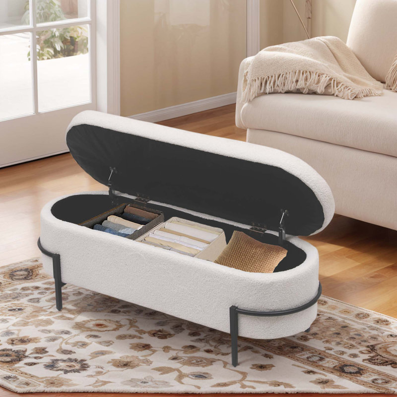 Banc de rangement à couvercle rabattable rembourré, Blanc, crème