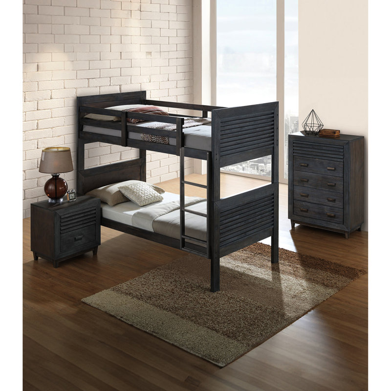 Lit simple superposé au dessus d'un lit superposé transitionnel en bois massif brun anthracite, réversible, conception à lattes, tête de lit à panneau, joint, chambre à coucher avec finition brune, tête de lit et mobilier convertible