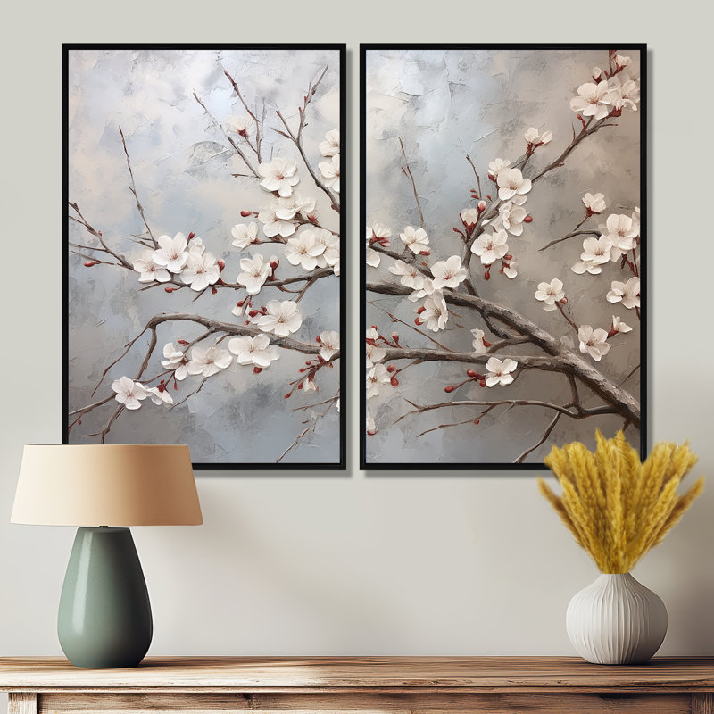 Minimalisme gris et beige fleur de cerisier I - impressions d'art traditionnelles sur toile, Noir, H 36 po x l 48 po