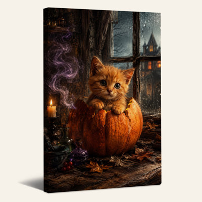 Chaton orange en citrouille avec fumée mauve et art mural d'Halloween