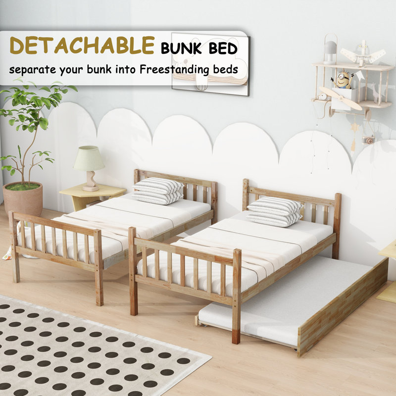 Twin Over Twin Solid Wood Bunk Bed With Trundle&Ladder, Convertible Into Twin Size Beds, Oak