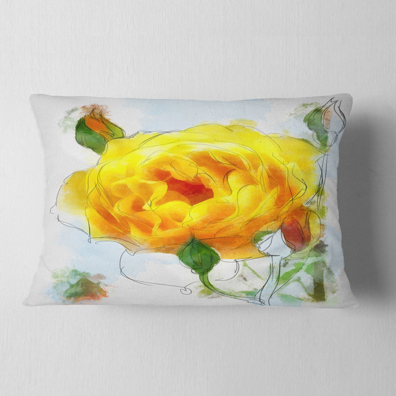 Croquis de roses jaunes avec boutons de roses - Coussin décoratif imprimé floral