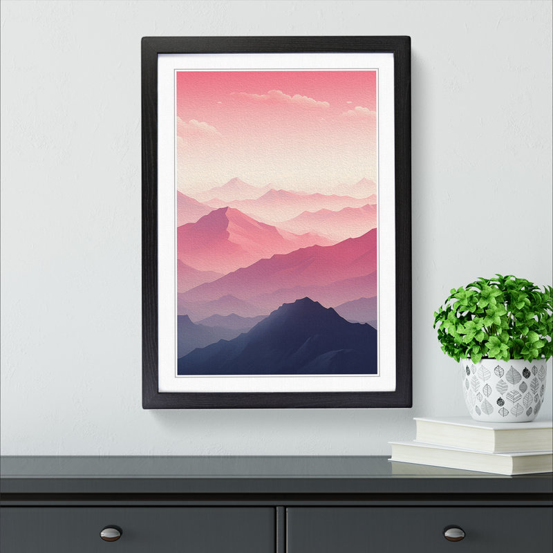 Japanese Mountains Minimalism - Single Picture Frame Print on Wood, Black , 46cm H x 34cm W x 2cm D