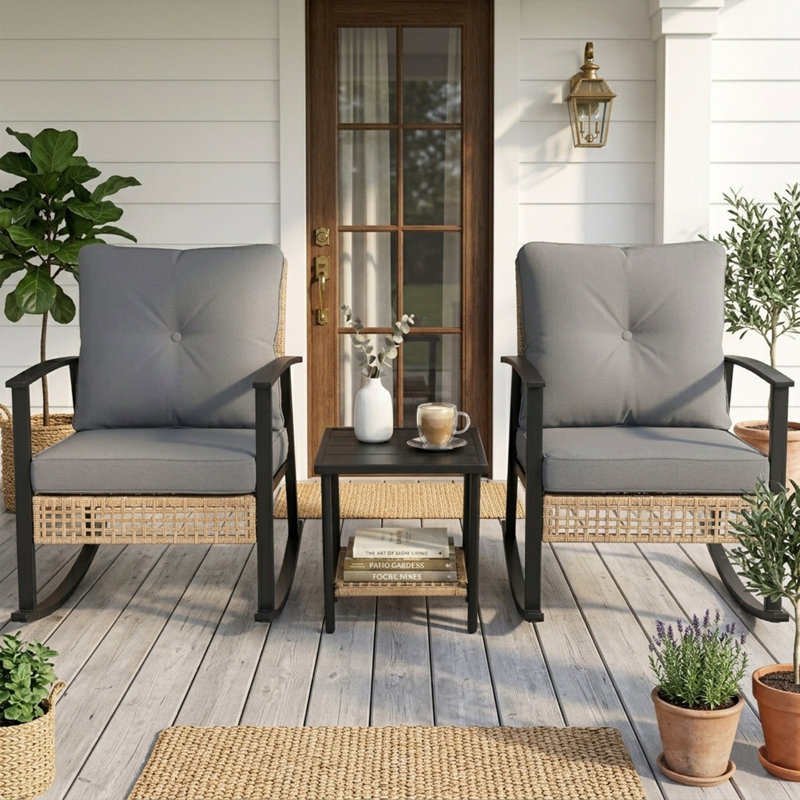 Ensemble bistro extérieur Yardgrace 3 pièces avec coussins et table basse à 2 niveaux, Gris