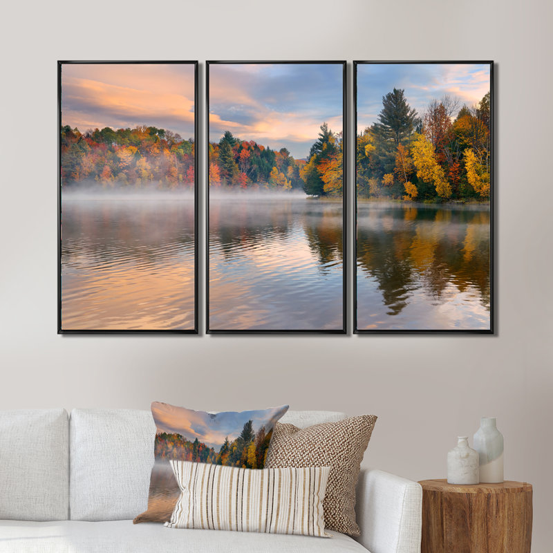 Feuillage d'automne au bord du lac - Ensemble de 3 reproductions sur toile flottantes, Noir, H 28 po x l 36 po