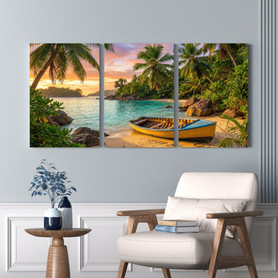 Tropical Beach Sunset With Palm Trees And Boat Canvas Wrapped Wall Art Oil Painting Print Set Of 3