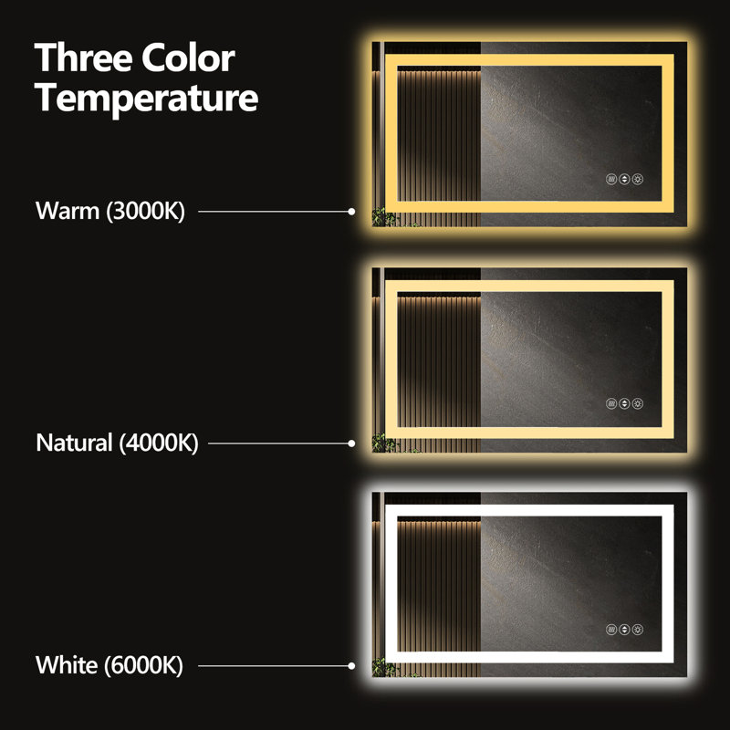 Miroir de salle de bain intelligent 77 x 36 pouces à DEL, éclairage à intensité variable, 3000 K, 4500 K, 6000 K choix de couleurs, brouillard intégré, Ul, miroir en verre trempé de 5 mm avec fonction, 3 réglages de température, mur intégré
