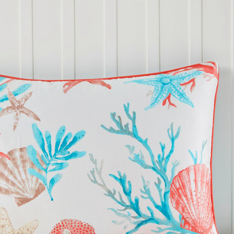 Édredon grand 7 pièces Coral - coton avec coussins décoratifs brodés, taille de literie froissée, coraux et coquilles imprimés, facile à nettoyer, rembourrage