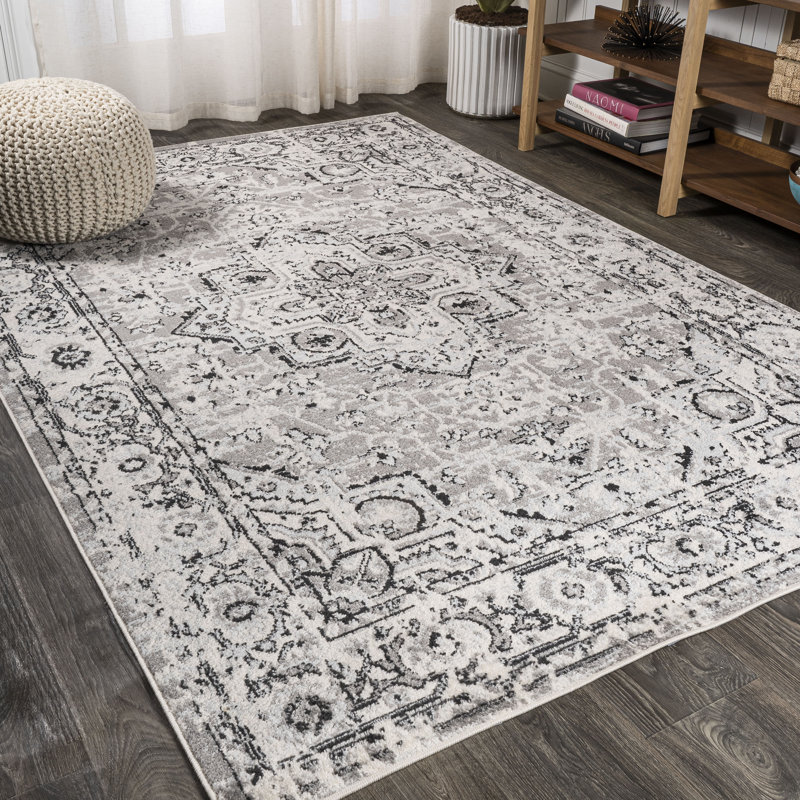 Merza Ornate Geometric Medallion Dark Gray Rug, Rectangle 4' x 6'