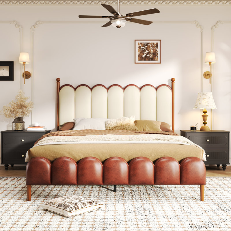 Zechariah PU Leather Upholstered Platform Bed, Queen, Beige/Brown
