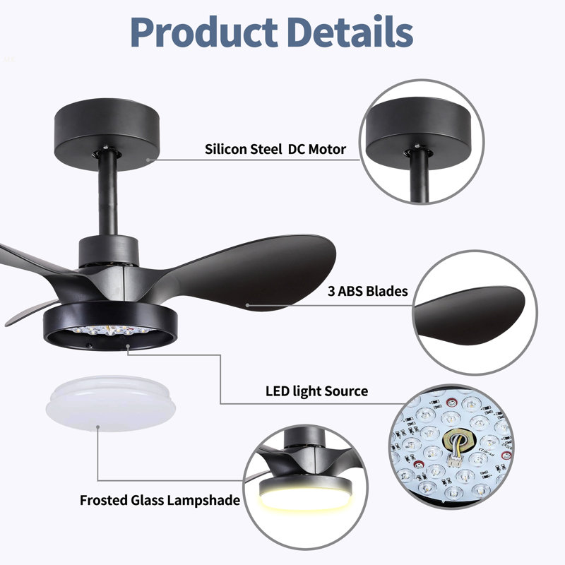 24" Small  Ceiling Fan With Light Remote Control ,Modern Low Profile Black Ceiling Fan, 6-Speeds Quiet Reversible DC Motor  For Bedroom,Kitchen