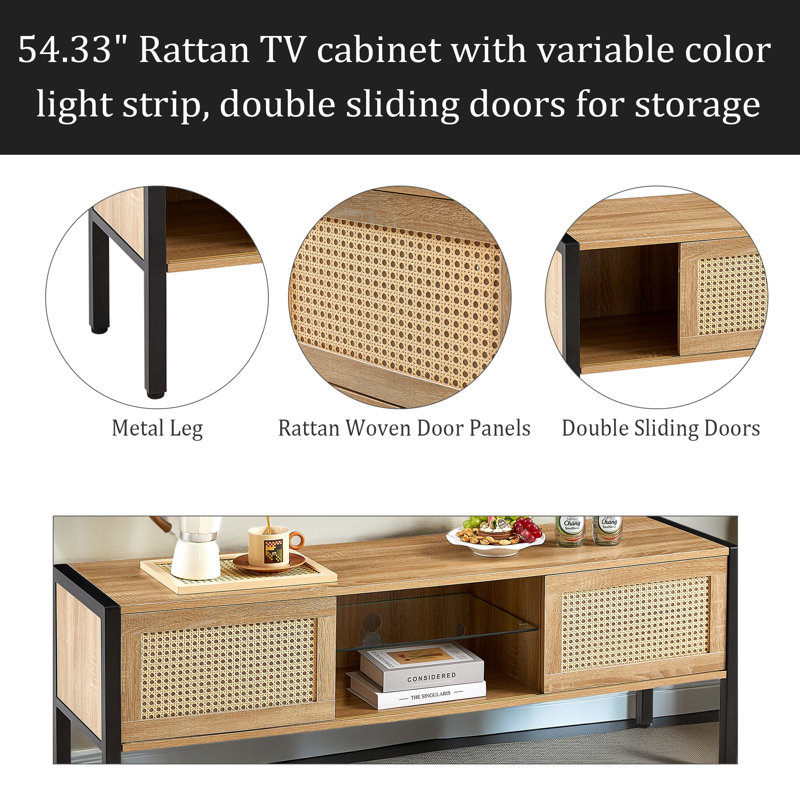 Meuble télé 54,33 po en rotin avec bande lumineuse de couleur variable, portes coulissantes doubles pour rangement, tablette réglable, pieds en métal, console de télévision pour le salon