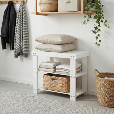 20" Wide Shoe Rack Bench, 3-Tier Bamboo Storage Organizer, Wooden Seat, White