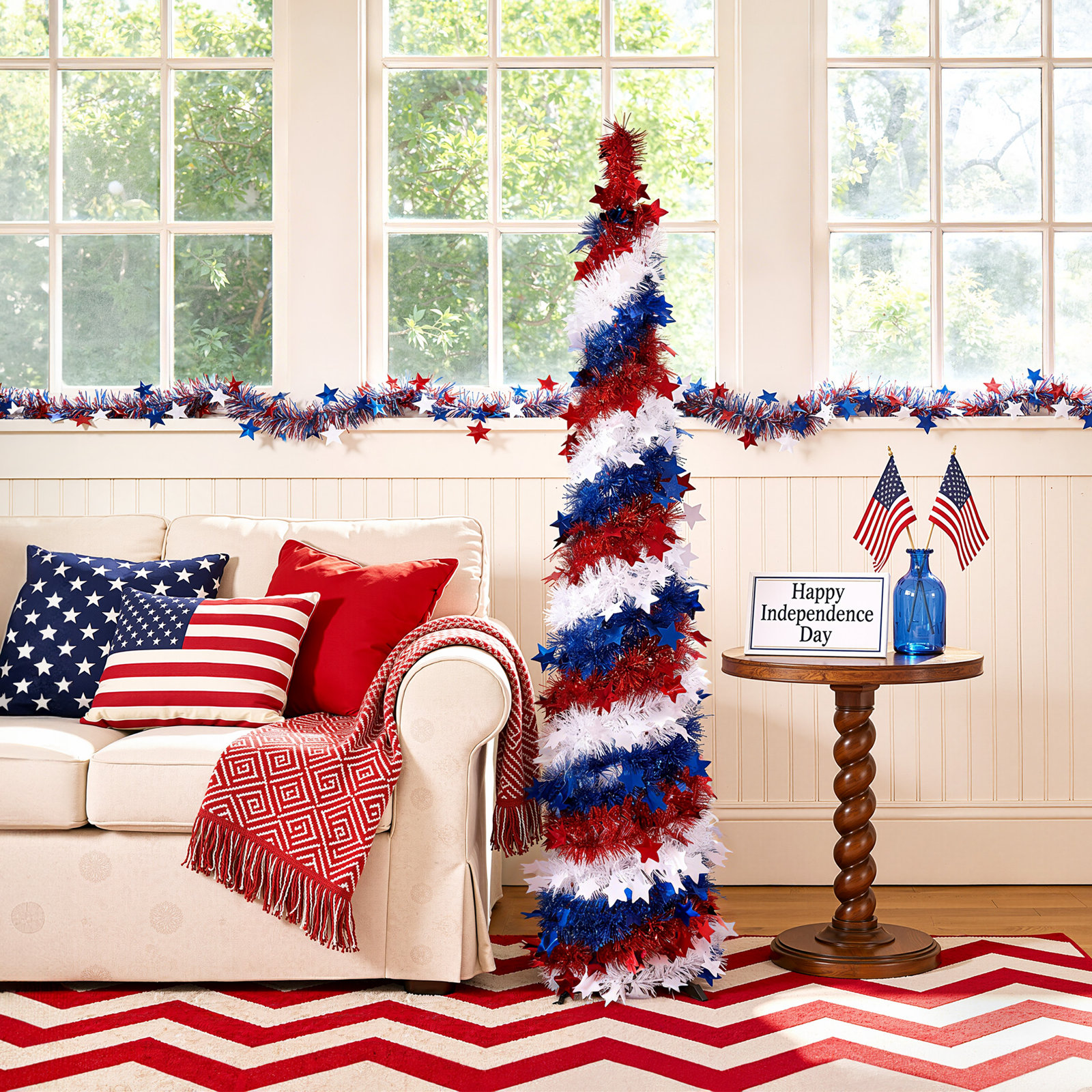 5FT Patriotic Tree 4Th Of July Decorations - Star Tinsel Tree For Independence Day Decor, Holiday Centerpiece Display For Patriotic Party Decorations Memorial Day Home Decor