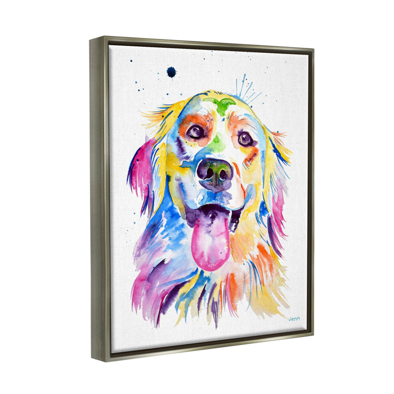 Impression sur toile, "Happy Dog Face", aquarelle, H 31 po x l 25 po x P 1,7 po, Cadre flottant gris lustré