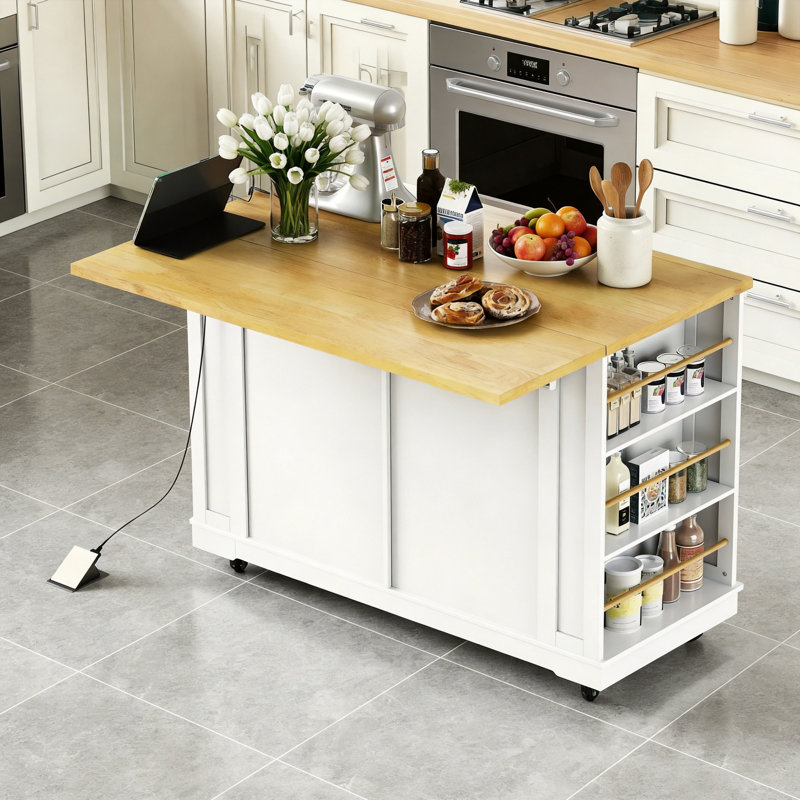 48.1-Inch White Kitchen Island With Folding Tabletop And Power Outlet, 5-Wheel Mobility, Built-In Storage Shelves With 5 Side Racks, And A Multi-Functional Kitchen Storage Cart (Stool Not Included).