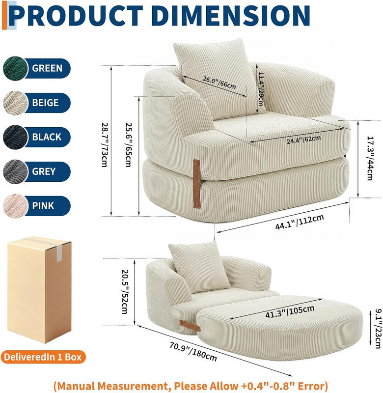 Folding Sofa Bed with Handle – 3-in-1 Convertible Bean Bag Chair to Lounger, No Assembly for Bedroom, Beige Corduroy