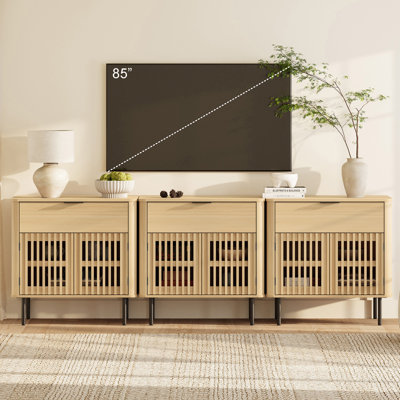 Meuble télé de 94,5 po de style Mid-Century pour téléviseur de 100 po ou moins, meuble audio-vidéo en bois avec rangement pour salon