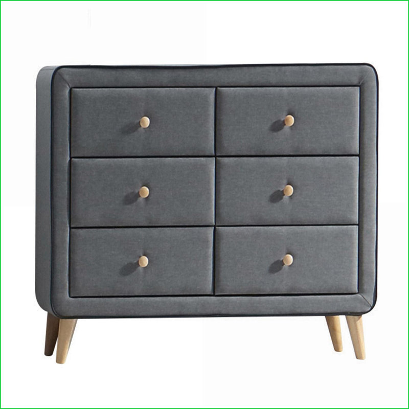 Commodes, commode double 6 tiroirs Mid-Century | Gris clair | Bois et tissu