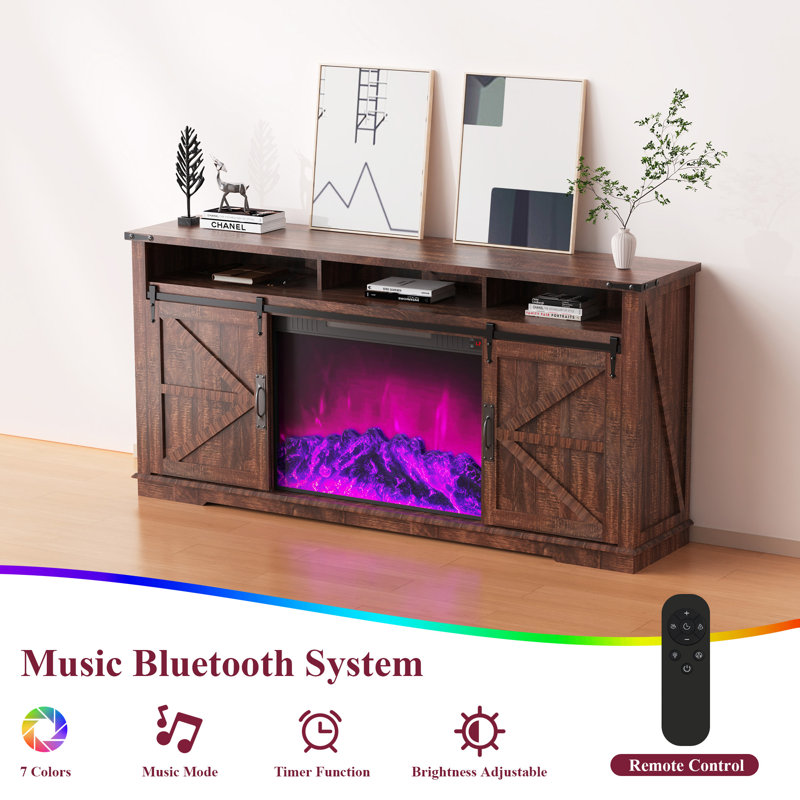 Meuble télé 70 po avec rangement et foyer inclus, température / temps réglable / mode musique, Brun