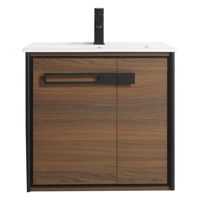 24'' Single Bathroom Vanity with Vitreous China Top, Matte Black, Walnut Ebony