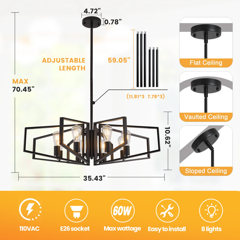 8 - Light Dimmable Geometric Chandelier, Black, 10.62" H x 35.43" W x 35.43" D