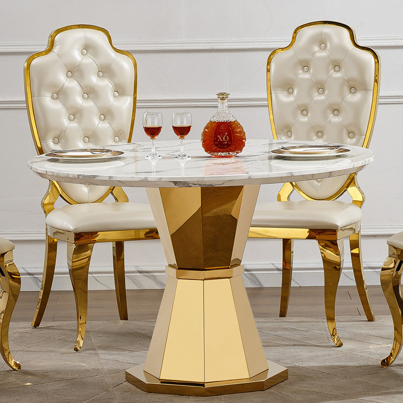 Table de salle à manger ronde en marbre de 47 po, table de cuisine moderne avec plateau en faux marbre ultrabrillant et base en acier inoxydable pour la salle à manger, cuisine (argent, gris) (table seulement)