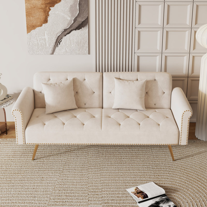 Plush Beige Velvet Convertible Sofa Bed With Decorative Nail Heads, Cream